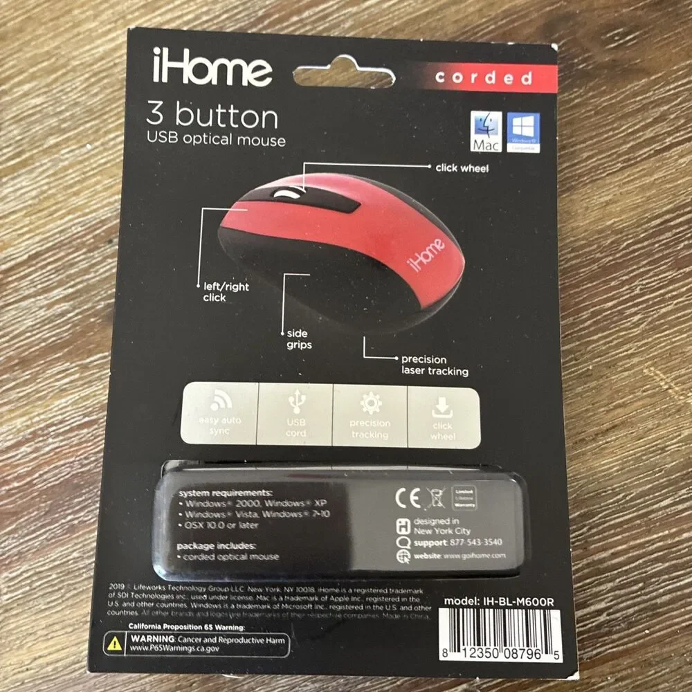 iHome Wired USB Optical Mouse for Mac Windows  3-Button Scroll Wheel RED